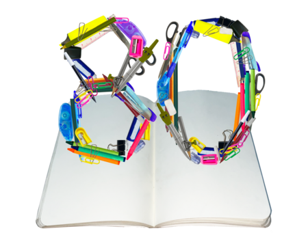 The shape of the number 80 is made of various kinds of stationery isolated on transparent background - Powered by Adobe