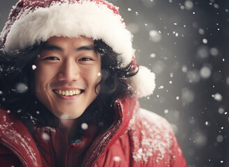 portrait of young asian man dressed as Santa in the snow