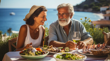 Photo of A cheerful elderly couple participate in a Mediterranean feast with an abundance of seafood, cheese, wine a small village, against the backdrop of a picturesque sea. Active age concept