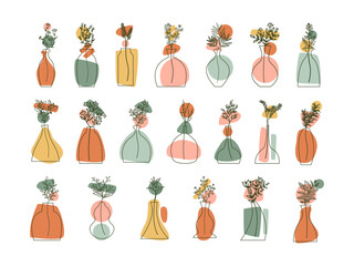 Aesthetic Boho Floral Line Art Hand Drawn Illustration. Modern Bohemian Style Collection Flower Bush Twigs