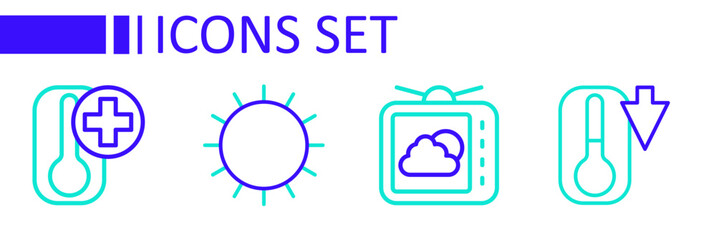 Set line Thermometer, Weather forecast, Sun and icon. Vector