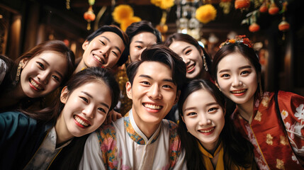 Happy young Asian people with Chinese traditional clothing in Chinese new year street