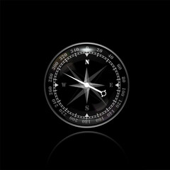 3D realistic compass, round with chrome rim. Vector illustration on black background