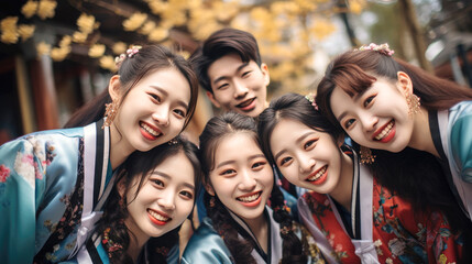 Obraz premium Happy young Asian people with Chinese traditional clothing in Chinese new year street