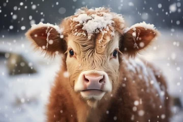 Fotobehang Closeup of highland cow outdoors in winter with snowfall looking at camera © Lenuccia