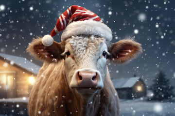 Closeup of highland cow outdoors in winter with snowfall, wearing Santa hat, defocused Christmas farm at background