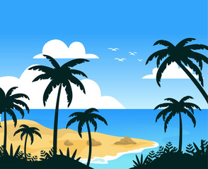 flat Summer beach with palm silhouettes background