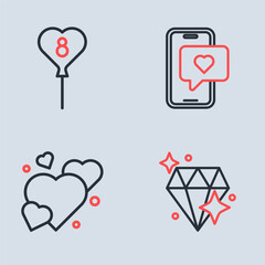 Set line Mobile with heart, Heart, Diamond and Balloons 8 March icon. Vector