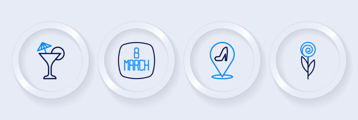 Set line Flower, Woman shoe, 8 March and Martini glass icon. Vector