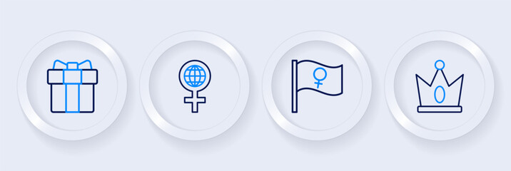 Set line King crown, Feminist activist, International Women Day and Gift box and heart icon. Vector