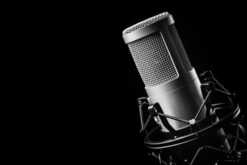Studio microphone on the black background. Copy space.