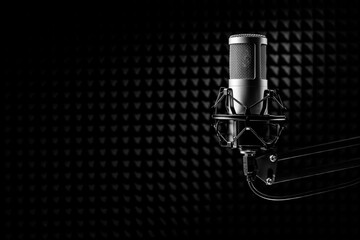 Professional microphone on the black sound proof panel. Recording studio, copy space.