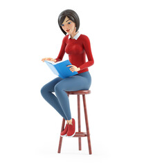 3d casual girl reading book on stool