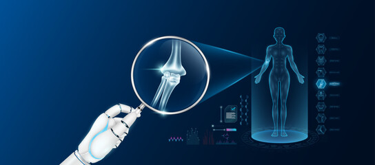 Doctor robot hand holding magnifying glass looking elbow bone analysis and anatomy hologram of the female body. Diagnosis with AI technology. Innovative medical healthcare. Vector