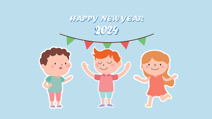 On New Year's Day, children joyfully express themselves through a creative vector greeting card, wishing everyone a Happy New Year 2024.