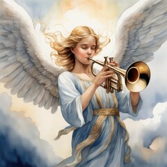 The angel playing the trumpet - obrazy, fototapety, plakaty