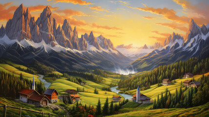 oil painting on canvas, meadow view of South Tyrol. Artwork. Big ben. meadow nature as sunset. Tree. Italy