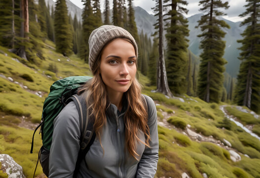 Portrait of a female hiker with a backpack in a forest with trees and mountains in the background. 
