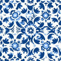 Classic blue damask motifs on white. Seamless pattern. Traditional and elegant. Design for formal textiles, wallpapers, and porcelain