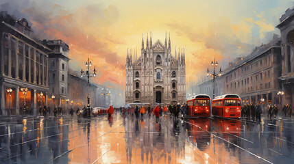 oil painting on canvas, street view of Milan. Artwork Milano. Big ben. man and woman on street, bus and road. Tree. Italy.