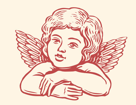 Little Angel with wings. Hand drawn cherub in engraving style. Vintage vector illustration