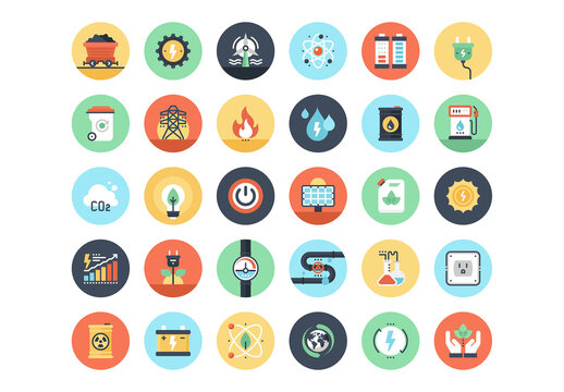 Vector set of power and energy flat web icons. Each icon neatly designed on pixel perfect 48X48 size grid. Fully editable and easy to use.