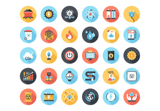 Abstract vector set of colorful flat power and energy icons with long shadow. Concepts and design elements for mobile and web applications.