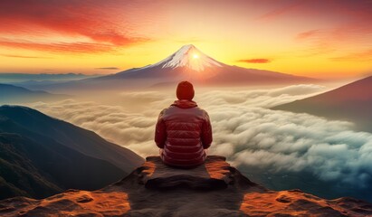 Man wearing mountain jacket sitting on top of the mountain and watching the sunrise in the morning