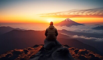 Man wearing mountain jacket sitting on top of the mountain and watching the sunrise in the morning