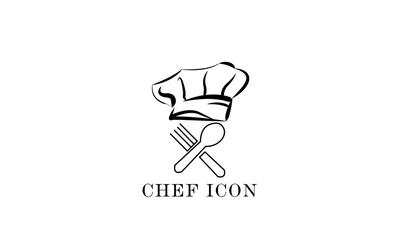 Vector chef icon, with a chef's hat and cutlery on a white background