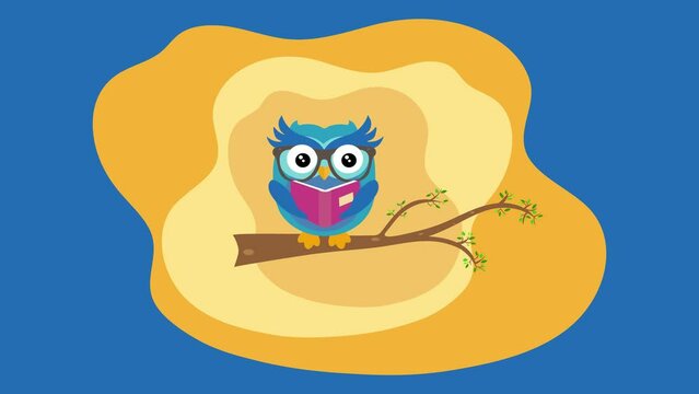 Owl reading a book perched on a branch on a yellow and blue abstract background with eye movement