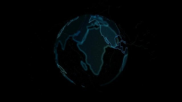 Flat blue 3d global digital earth moving connection. Modern abstract pixelated stylized planet globe looping. Moving isolated geometric 2d sphere pixel earth. Dot luminous earth rotating with loop. 4K