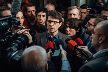 Street Democracy: Politician Faces a Swarm of Journalists in a Press Conference Under the Open Sky - obrazy, fototapety, plakaty