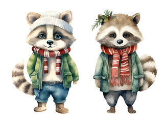 Christmas raccoon watercolor clipart illustration with isolated background
