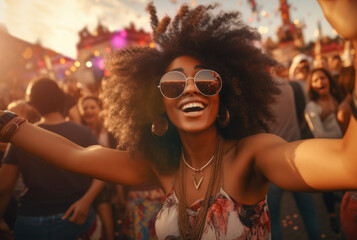 Rhythmic Bliss: Capturing the Essence of Joy in a Psy Trance Open-Air Concert with a Beautiful African American Woman