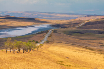 Fototapeta premium Landscape of the Georgian steppe Udabno in Georgia.