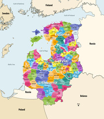 Baltic states, northeastern region of Europe containing the countries of Estonia, Latvia, and Lithuania, vector political map with neighbouring countries and territories