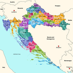 Croatia administrative divisions detailed vector map with neighbouring countries and territories. All counties, capital cities of each county, municipalities and towns inscriptions - obrazy, fototapety, plakaty
