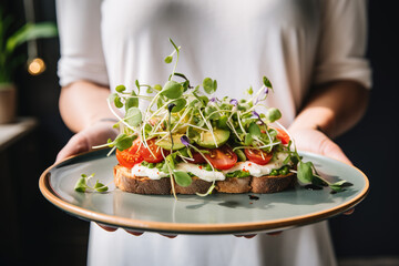 close up toast with avocado, tomato and salmon. breakfast - obrazy, fototapety, plakaty