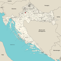 Croatia administrative divisions detailed vector map with all counties, capital cities of each county, municipalities and towns inscriptions - obrazy, fototapety, plakaty