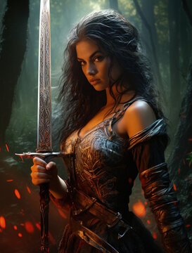 a female warrior holding a sword behind fire