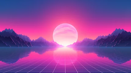 Gordijnen Background with minimalist vaporwave sunsets, in the style of 80s synthwave, hot pinks and blues © Vasilina FC