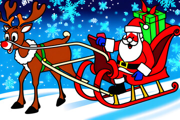 Santa carrying a gift box and riding a sleigh pulled by Rudolph.
Generative AI