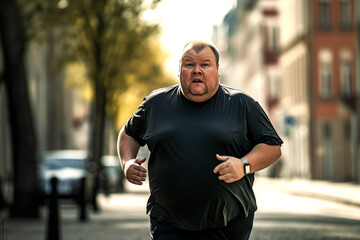 Fototapeta premium Fat man runner on running. Fat man with big belly on jogging for weight loss. Man overweight sprinter to lose fat. Run in sprint on footpath and regain vitality. Obese male on Fitness for weight loss.
