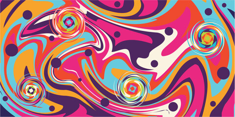Fototapeta na wymiar Colorful Psychedelic Liquid Marble and swirl with dots. Groovy pink purple blue yellow background vector illustration 70s 80s Retro banner