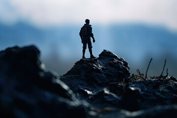 Miniature toy figures of people depicting a man with a backpack standing on top of a hill and admiring the view at the blue hour at dusk - obrazy, fototapety, plakaty