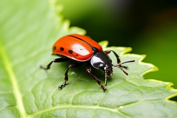 Fototapeta premium A red beetle Crawling on a Leaf