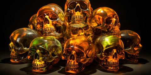 Eerie golden skulls on black haunting and dark.