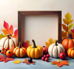 small decorative pumpkins and colorful autumn leaves to the edges of the frame, on a white background - 677179509