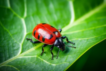 Obraz premium A red beetle Crawling on a Leaf